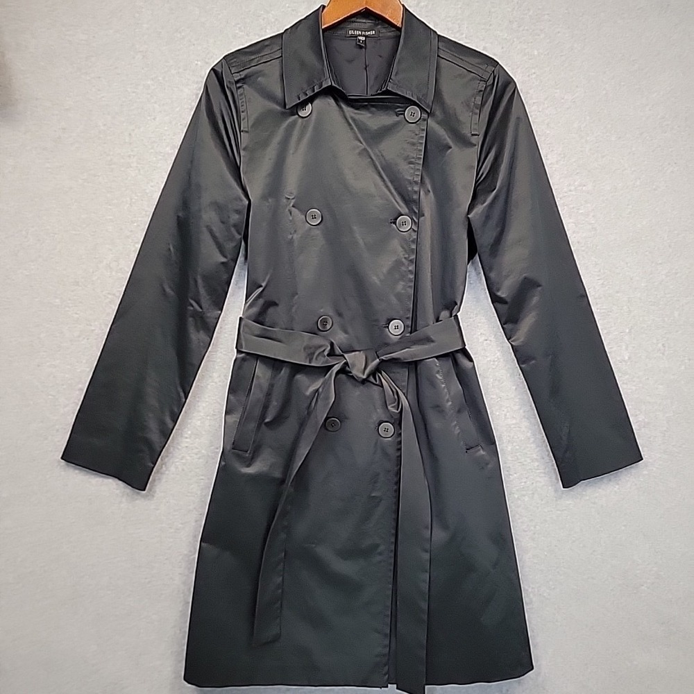 EILEEN FISHER Black Double Breasted Trench Coat Belted Classic Women's Size S